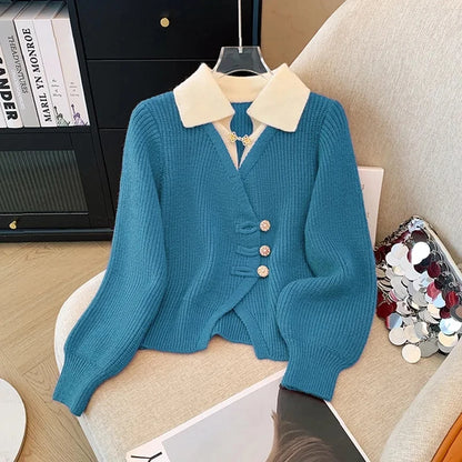 New 2026 Autumn Winter Design Splicing Slim Women Knitted Cardigan Sweater Jacket Fashion Fake Two Items Loose Ladies Top