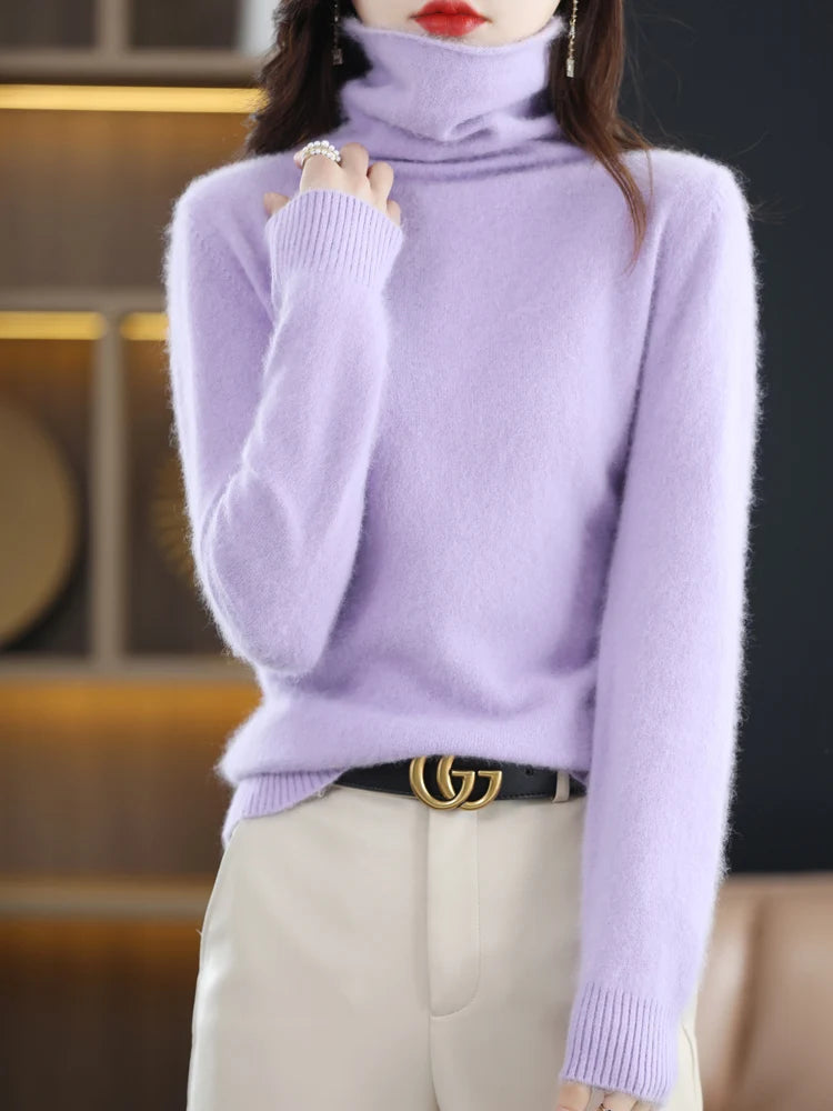 CHICUU Women Mink Cashmere Sweater Turtleneck Pullover Autumn Winter Basic Soft Warm Clothing 100% Mink Cashmere Knitwear Tops
