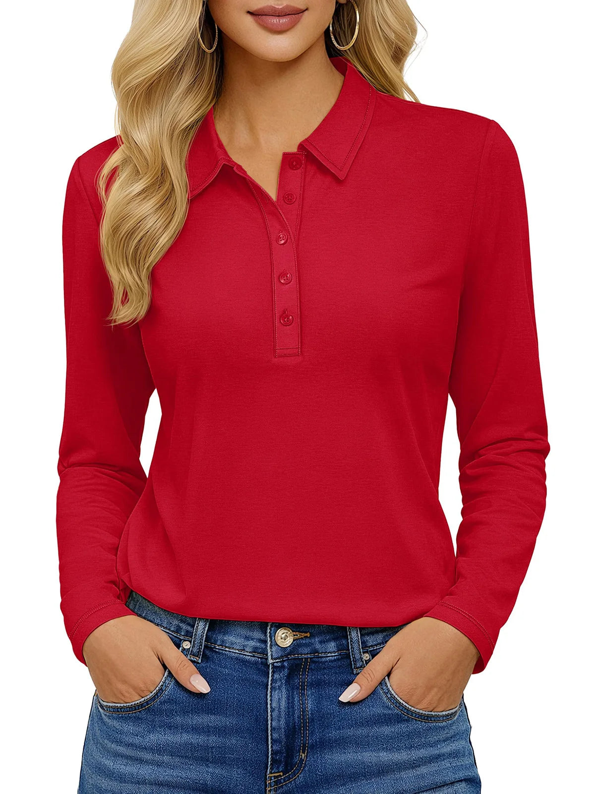 TACVASEN Women's Long Sleeve 5-Button Polo Shirts V-Neck Collared Tops Cotton Blend Casual Work Golf T-Shirts with Side Split