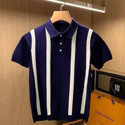 Trendy Mens Slim Knit Polo Shirts Summer Daily Casual Striped Contrast Color Knitted Polos Men Summer Fashion Short Sleeve Tops