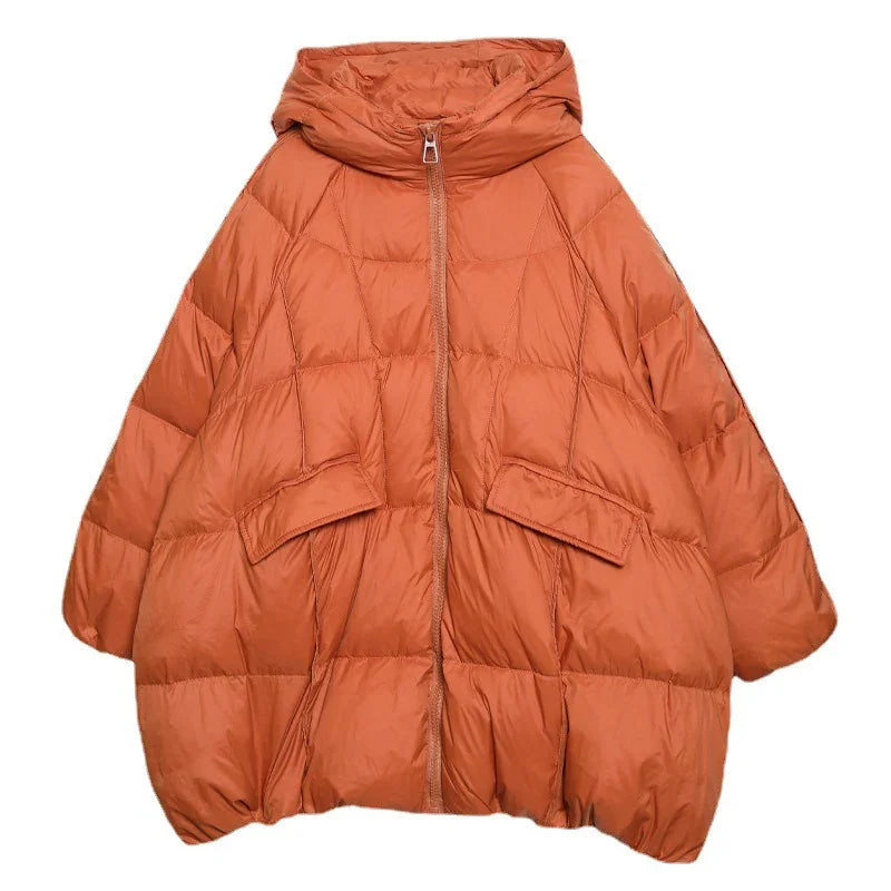 2024 New Winter Women White Duck Down Jacket Hooded Warm Oversize Puffer Coat Female Casual Loose Parkas Pocket Outwear