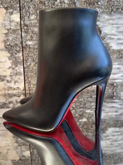 2024 Autumn/Winter New Sheep Pattern Leather Black Pointed Red BottomS Boots Bare Boots Versatile Short Boots Women's Thin Heels