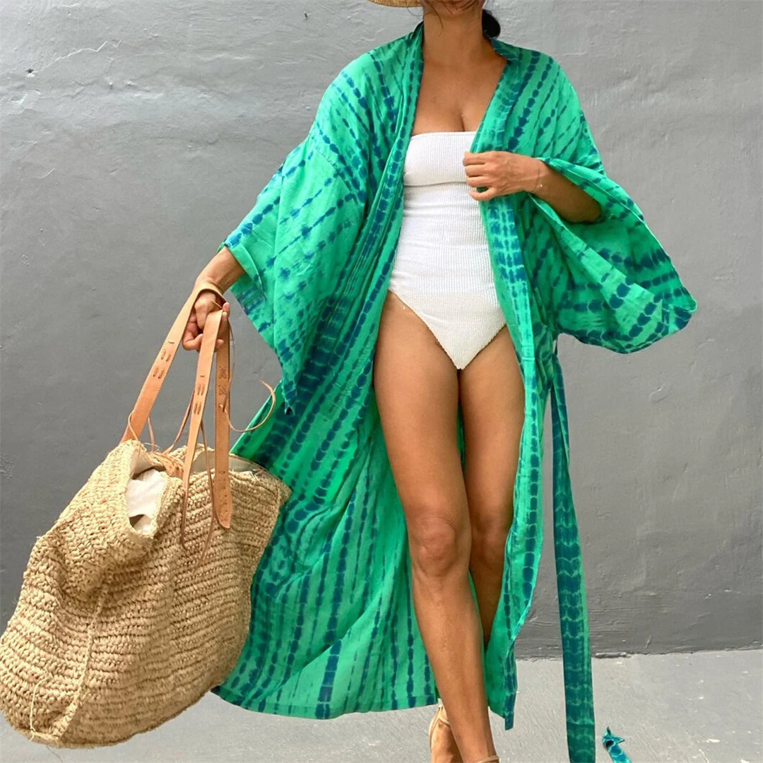 New 11 Colors Printed Long Sleeve With Belt Tunic Beach Cover Up Cover-ups Beach Dress Beach Wear Beachwear Female Women V4521