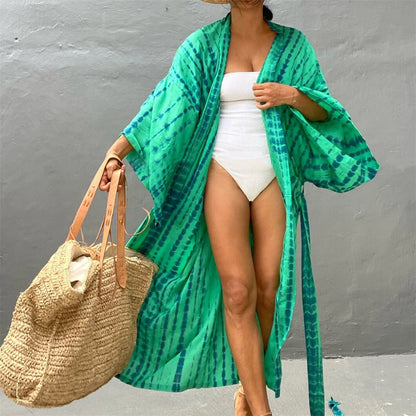 New 11 Colors Printed Long Sleeve With Belt Tunic Beach Cover Up Cover-ups Beach Dress Beach Wear Beachwear Female Women V4521