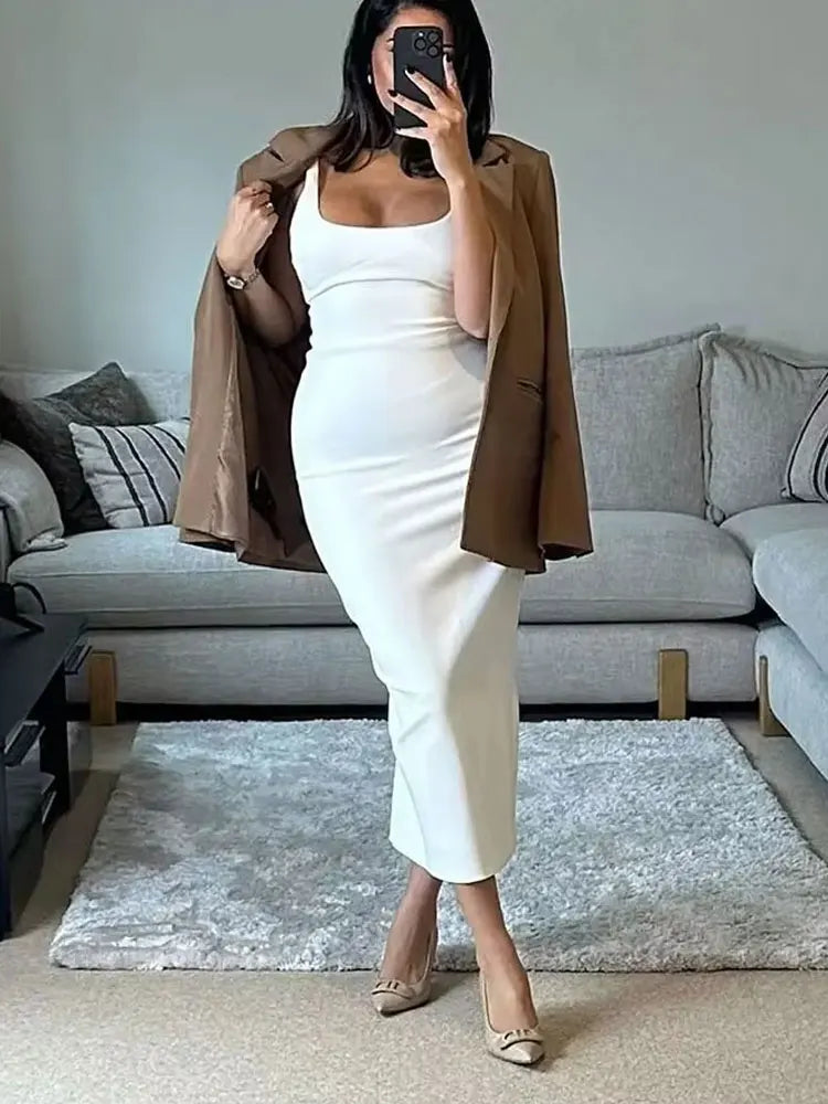 HH Female Summer Fashion Skinny Midi Dress Strap O-Neck Solid Sexy Elegant Evening Sleeveless Backless Chic Long Dresses