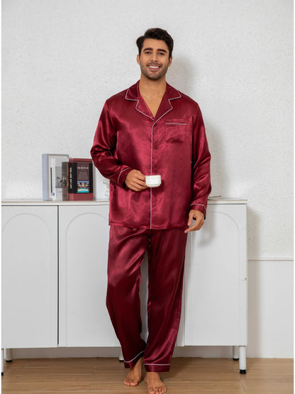 New Men's Pajamas Set Solid Color Casual Homewear Ice Silk Long Sleeve Shirt & Long Pants Pajama Male Satin Sleepwear Indoor Set