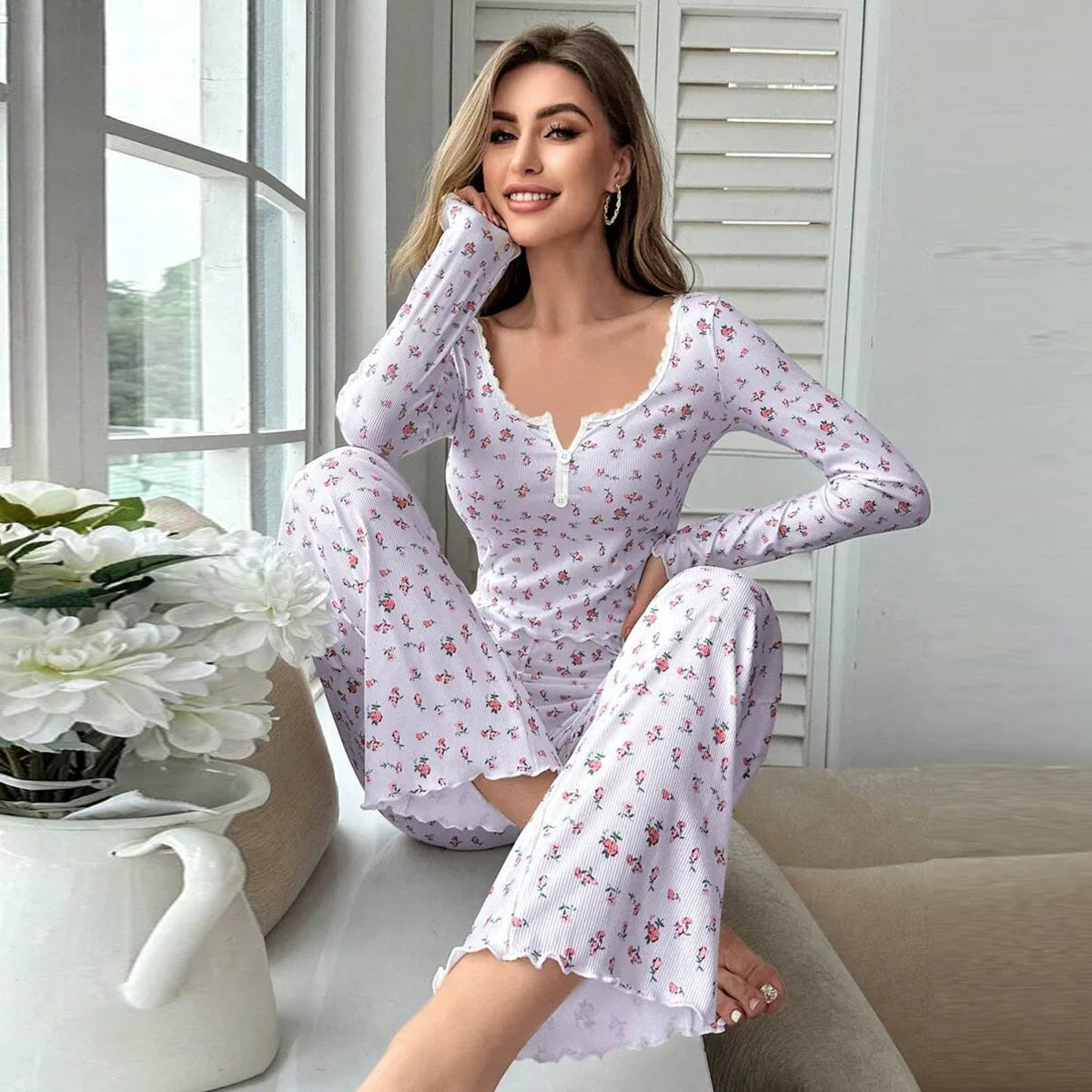 Spring Autumn Floral Print Lettuce Trim Tops with Long Pants Sleepwear Women Pajamas Set Loungewear Nightwear Pijama Mujer