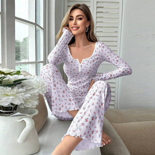 Spring Autumn Floral Print Lettuce Trim Tops with Long Pants Sleepwear Women Pajamas Set Loungewear Nightwear Pijama Mujer