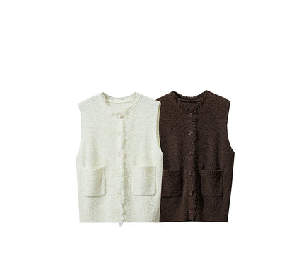 AMII Women's Vest 2025 Autumn New O-neck Elegant Retro Knitted Vest Women's Casual Versatile Loose Sleeveless Top Female12543082