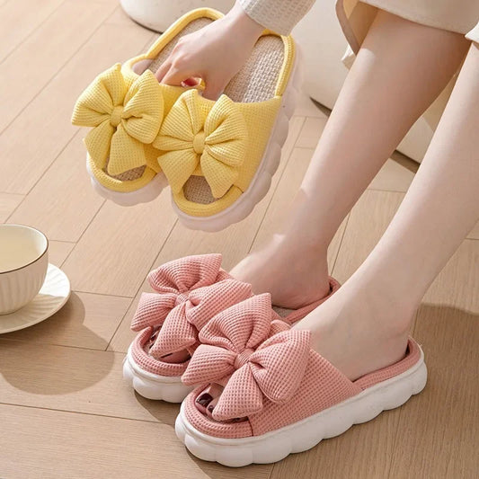 Comfortable Linen Slippers Soft and Lightweight Cotton Slippers Cute Bowknot Flat Slipper Couples Slides Home Shoes for Women
