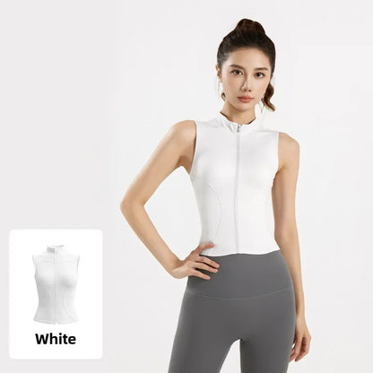 Spring and Summer New Sleeveless Vest Women's Yoga Jacket Slimming Stretch Slim Sports Jacket Standing Collar Zipper Top Fitness