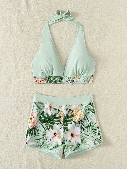 2026 Halter Bikini Set Short Swimsuit Women High Waist Swimwear Female Printed Bathers Swimming Bathing Swim Suit Beachwear