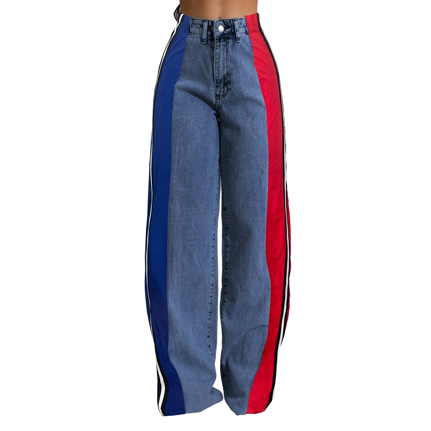 Denim Pants Women Patchwork Spliced Long Pant Mom Straight Button High Waist Casual Jeans Trousers Pocket Lady Y2k Autumn
