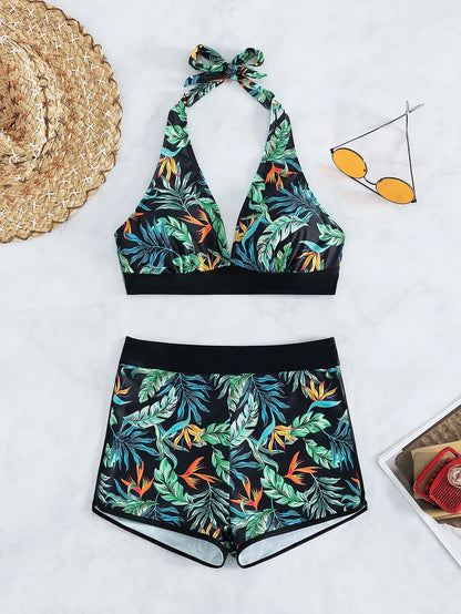 2026 Halter Bikini Set Short Swimsuit Women High Waist Swimwear Female Printed Bathers Swimming Bathing Swim Suit Beachwear