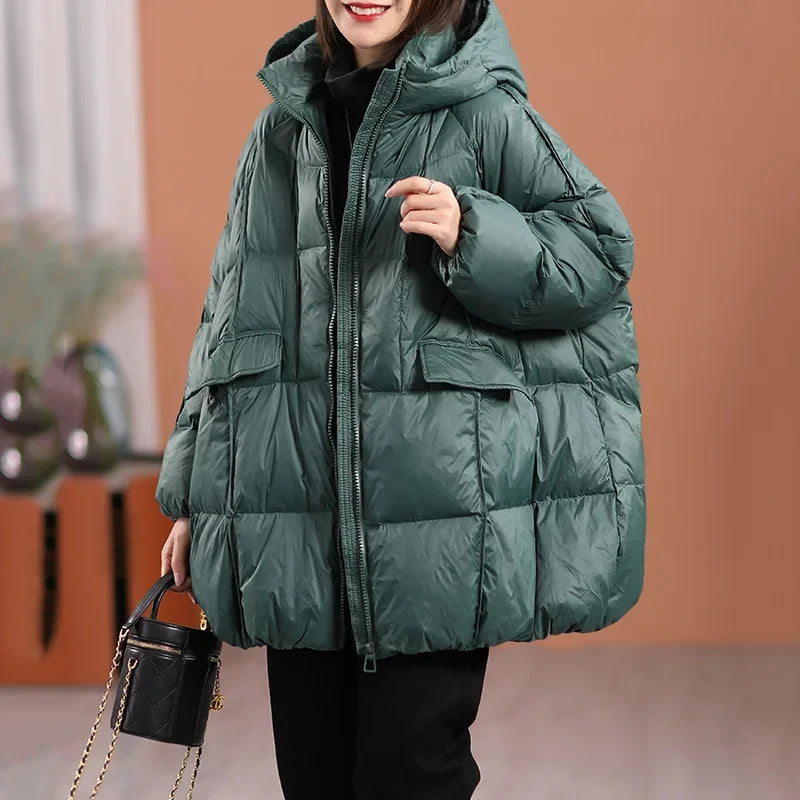 2024 New Winter Women White Duck Down Jacket Hooded Warm Oversize Puffer Coat Female Casual Loose Parkas Pocket Outwear
