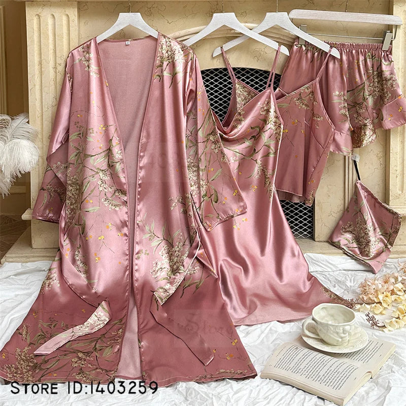 Four Pieces Pajamas Set Printed Little Cherry Sleepwear Women Satin Nightgown With Suspender Sling&Shorts Summer Home Clothes