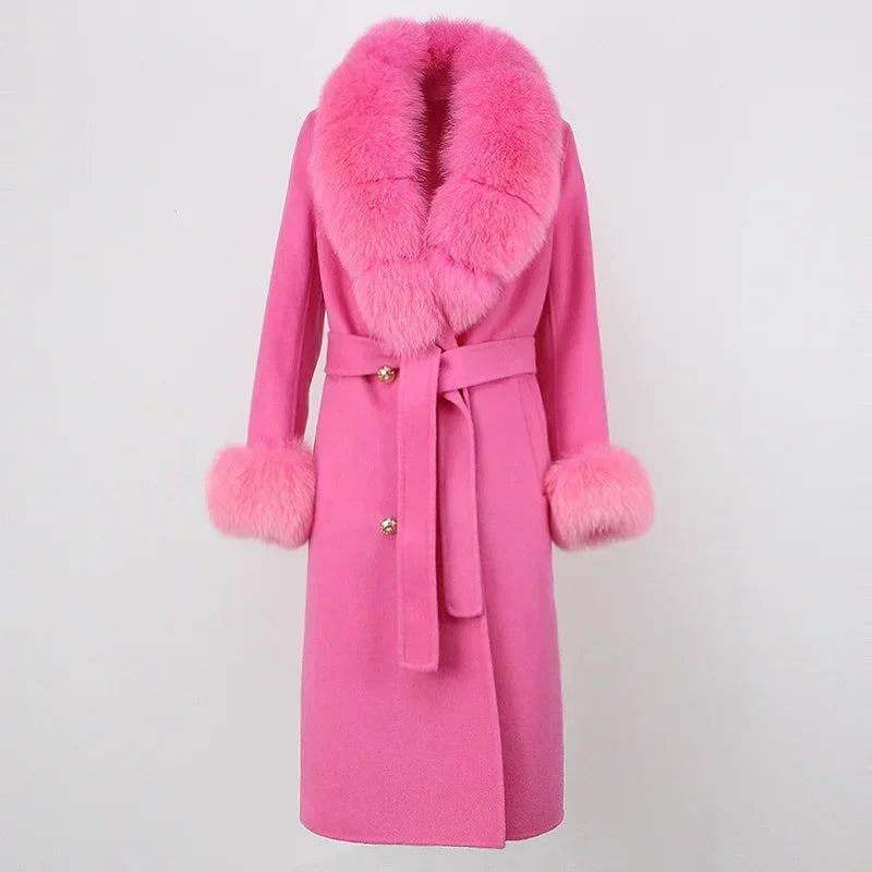 Double Breasted Woolen Jacket Belt Warm Cashmere Real Fur Coat Streetwear New Fashion 2024 Winter Women Long Natural Wool Blends