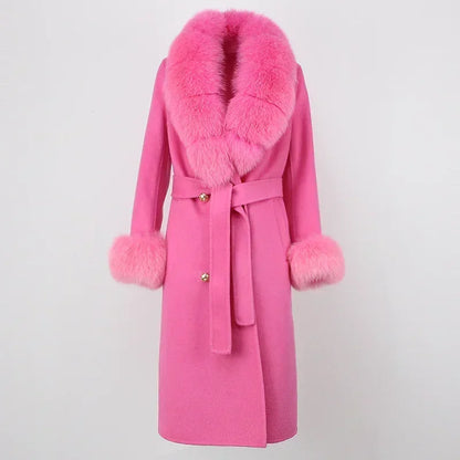 Double Breasted Woolen Jacket Belt Warm Cashmere Real Fur Coat Streetwear New Fashion 2024 Winter Women Long Natural Wool Blends