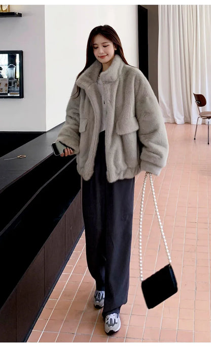 Women Faux Fur Coats Mid Length Jackets Stand Collar Coat Thick Warm Y2k Streetwear Jacket Work Casual Loose Autumn Winter