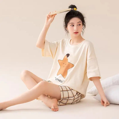 Couple Pajamas Set Summer Short-Sleeved Sleepwear 100% Cotton Men and Women Pyjamas