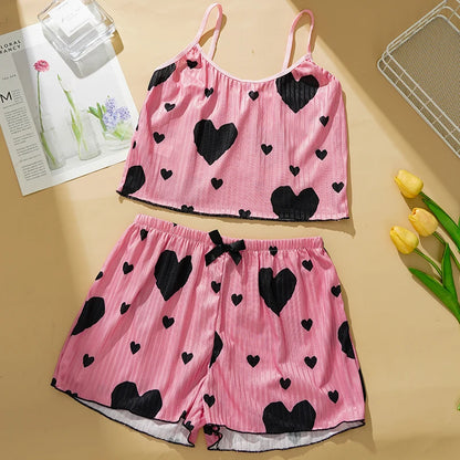 Heart Print 2PCS Home Suit Women's Suspender Shorts Casual Fashion Nightwear Female pajamas Lightweight Love Sleepwear