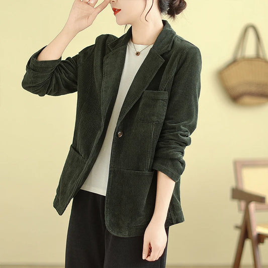 Retro Corduroy ort Suit Jaet Women's Loose Casual Striped Velvet Open Cardigan Top Spring 2026 New Sle Cotton Material