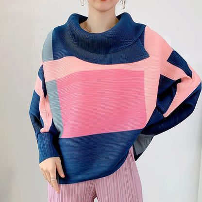 Miyake Pleated Turndown Collar Batwing Sleeve Top Women Geometric Printed Loose T-shirt