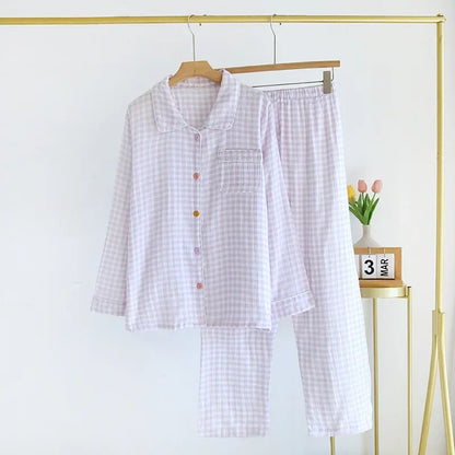 2026 Spring/Summer New Women's Sleepwear Long Set 100% Cotton Plaid Long Sleeve Long Pants Two Piece Set Collar Home Clothes