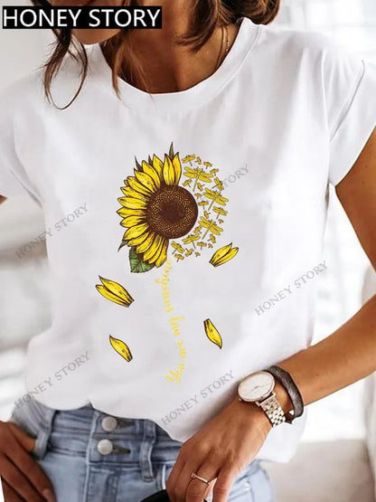 Dragonfly Butterfly Print Base Top Loose Women's Short-sleeved T-shirt Round Neck Oversized T Shirt  Women Clothes TEE
