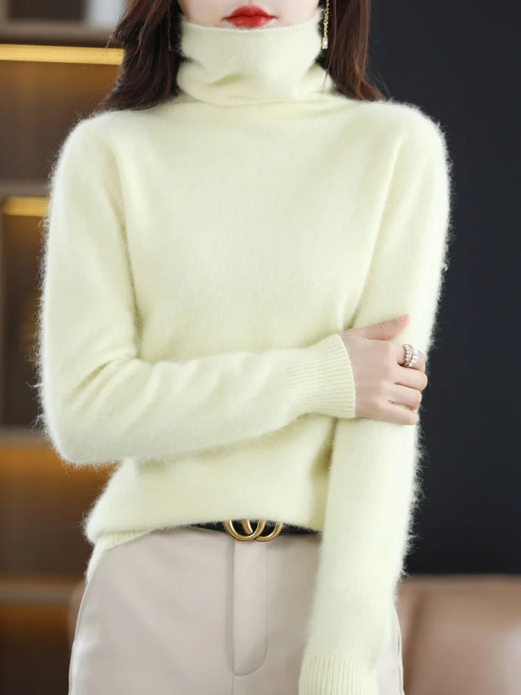 CHICUU Women Mink Cashmere Sweater Turtleneck Pullover Autumn Winter Basic Soft Warm Clothing 100% Mink Cashmere Knitwear Tops