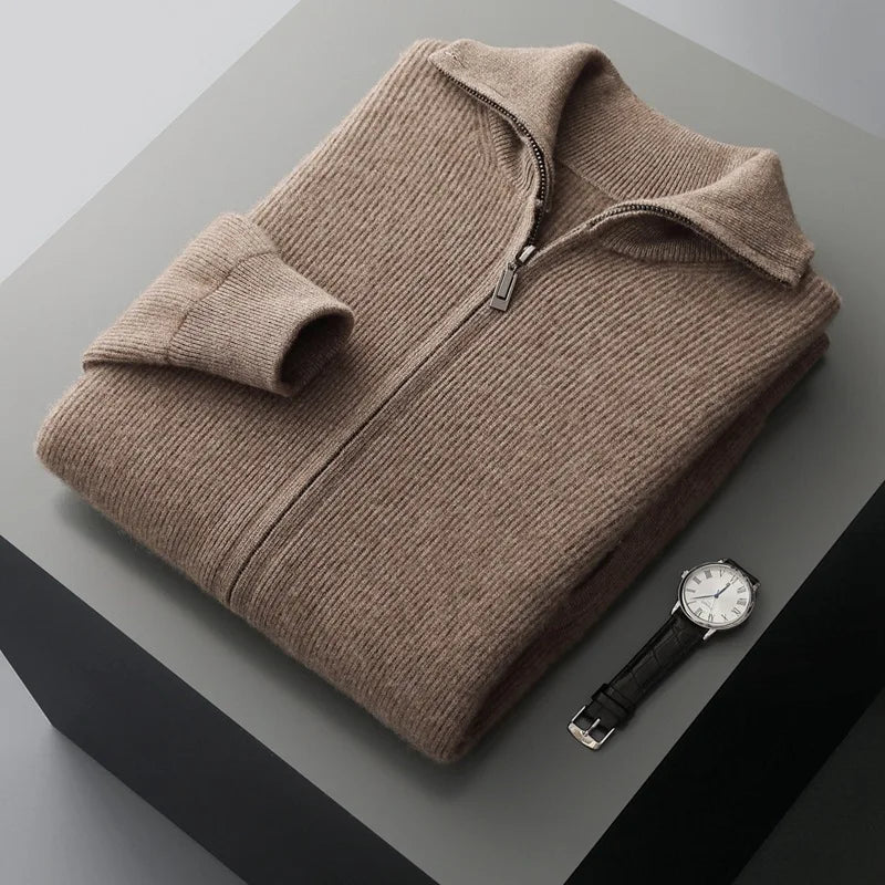 Autumn and winter zipper high-end design cardigan sweater 2025 men's simple and versatile trendy contrast color knitted sweater