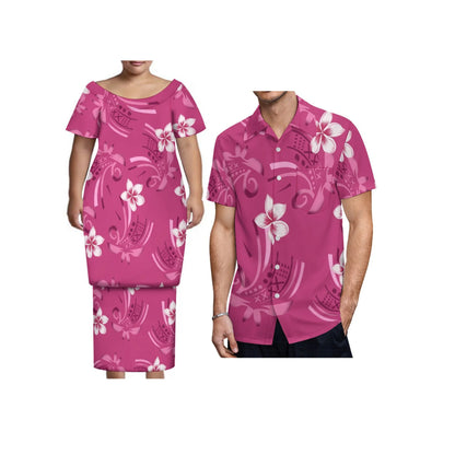 New Tonga Polynesian Short Sleeve Dress Big Size Women Button Puletasi Dress and Aloha Men Shirt Match Couple Clothes Two Piece