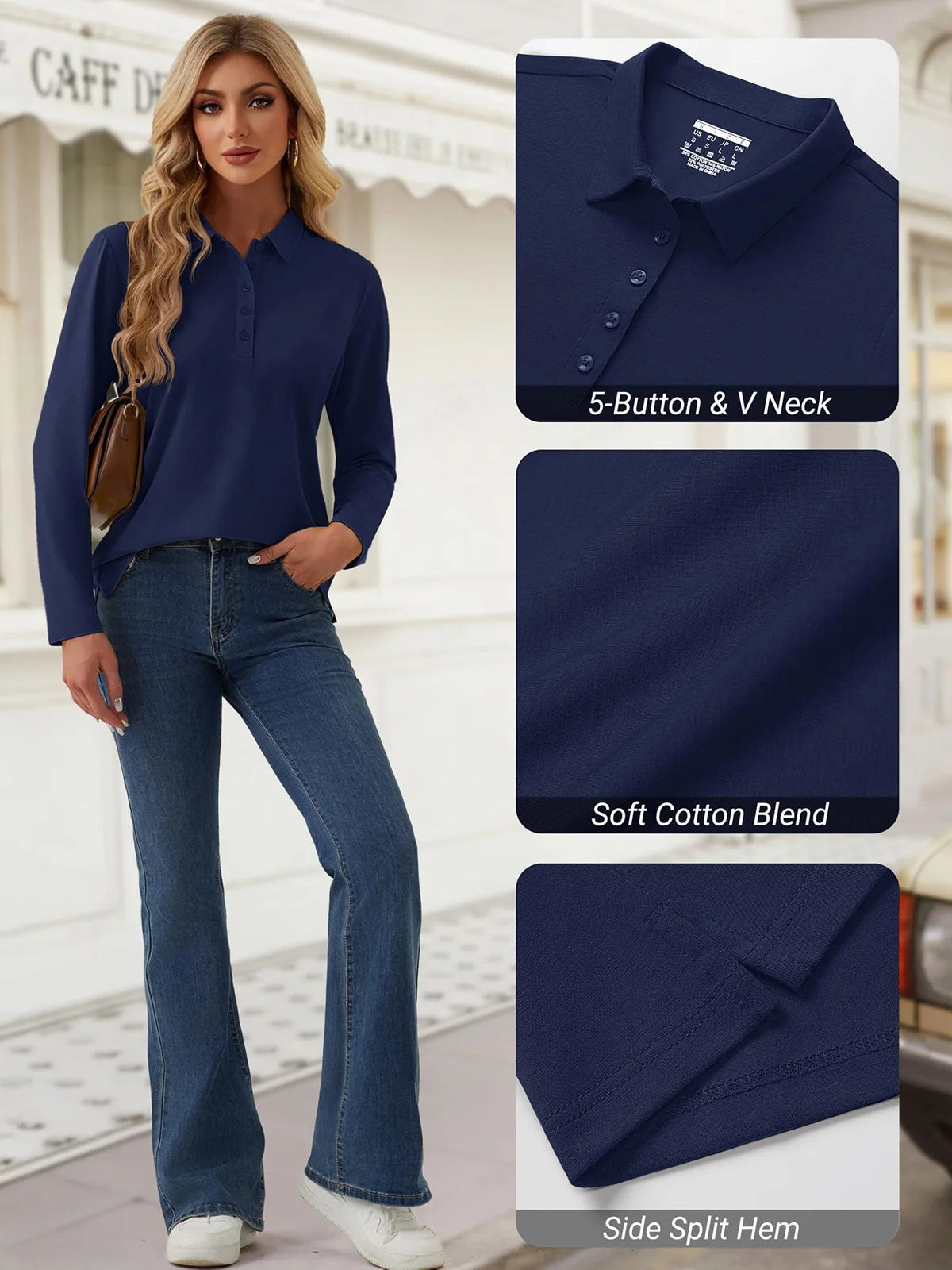 TACVASEN Women's Long Sleeve 5-Button Polo Shirts V-Neck Collared Tops Cotton Blend Casual Work Golf T-Shirts with Side Split