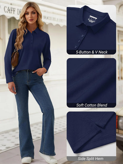 TACVASEN Women's Long Sleeve 5-Button Polo Shirts V-Neck Collared Tops Cotton Blend Casual Work Golf T-Shirts with Side Split