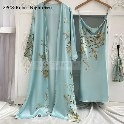 Four Pieces Pajamas Set Printed Little Cherry Sleepwear Women Satin Nightgown With Suspender Sling&Shorts Summer Home Clothes