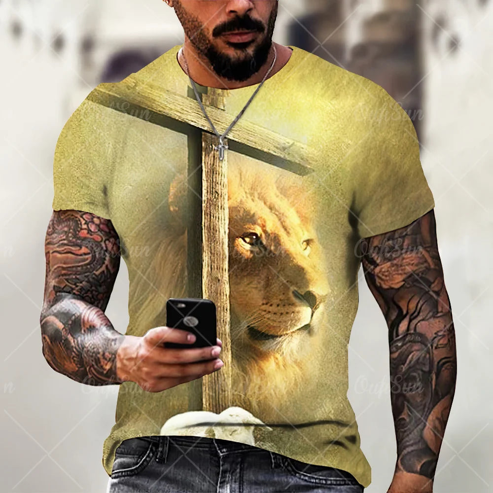 Christ Jesus T-Shirts for Men 3D Lion Printed T-Shirt Summer Clothes Short Sleeve Streetwear Vintage Tops Tee Shirt Men Clothing
