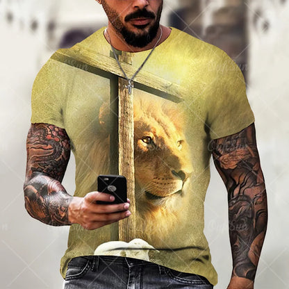 Christ Jesus T-Shirts for Men 3D Lion Printed T-Shirt Summer Clothes Short Sleeve Streetwear Vintage Tops Tee Shirt Men Clothing