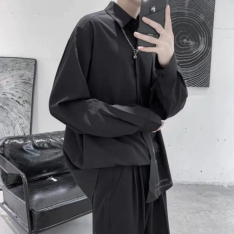 Japanese Trendy Men's 2024 Spring and Autumn New Splicing Square Collar Button Printed Fashion Loose Casual Long Sleeve Shirts