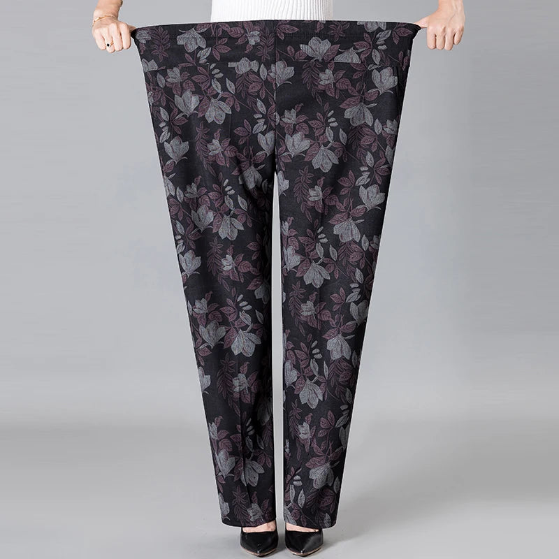 8XL 9XL Middle-aged Women Trousers New Print Elasti High Waist Casual Pants Spring and Autumn Straight Pants Oversize Grandma Pa