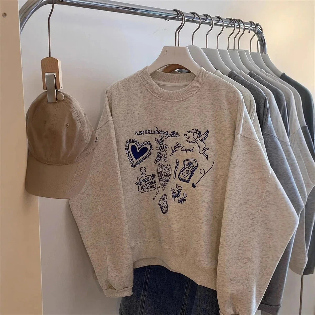 America Retro Sweatshirt Long Sleeves Women Casual O-Neck Sweatshirts Autumn Gray Pullovers Cartoon Print Female Chic Tops