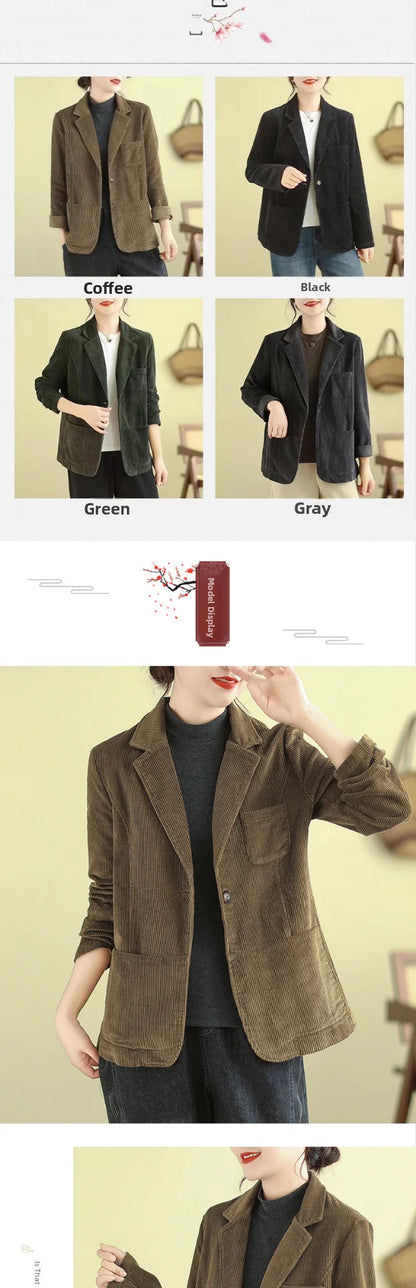 Retro Corduroy ort Suit Jaet Women's Loose Casual Striped Velvet Open Cardigan Top Spring 2026 New Sle Cotton Material
