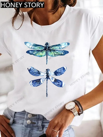 Dragonfly Butterfly Print Base Top Loose Women's Short-sleeved T-shirt Round Neck Oversized T Shirt  Women Clothes TEE