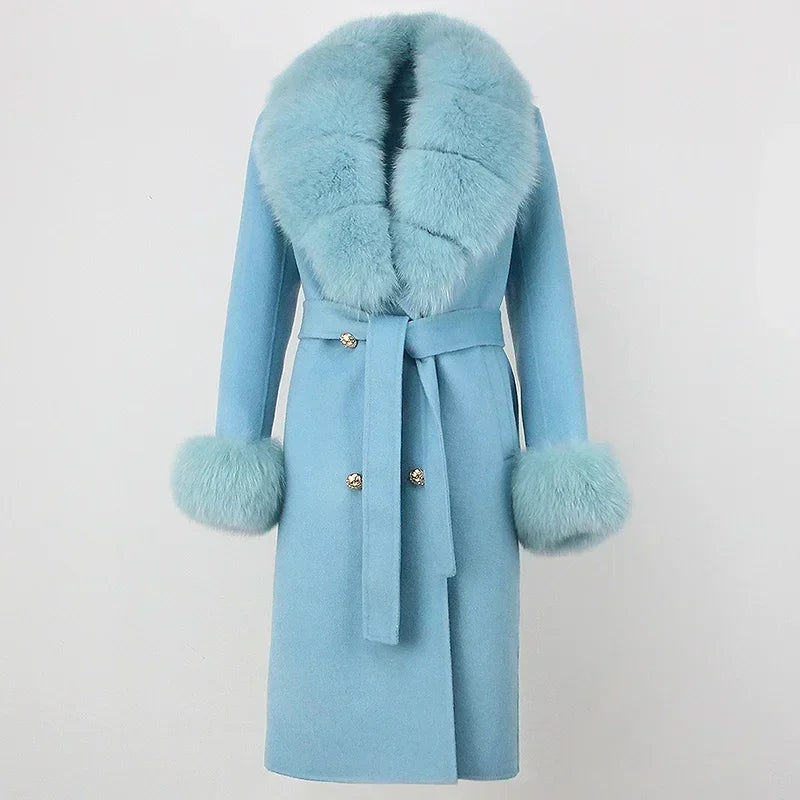 Double Breasted Woolen Jacket Belt Warm Cashmere Real Fur Coat Streetwear New Fashion 2024 Winter Women Long Natural Wool Blends