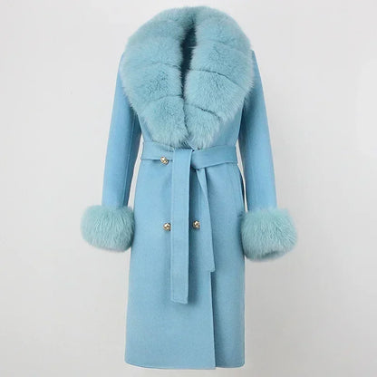 Double Breasted Woolen Jacket Belt Warm Cashmere Real Fur Coat Streetwear New Fashion 2024 Winter Women Long Natural Wool Blends