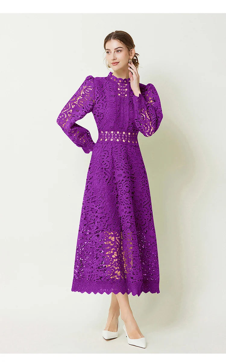 French Elegant Holiday Flower Embroidery Lace Midi Dress Women Lantern Long Sleeve Stand Hollow Out Crochet Party Vestidos