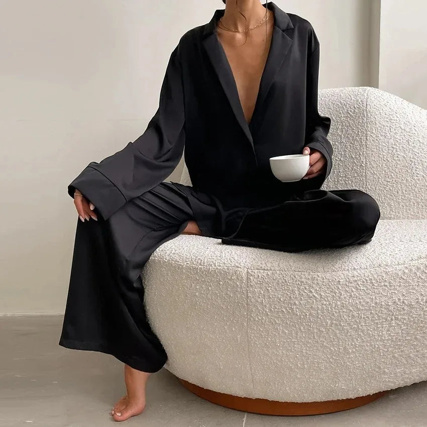 Satin Silk Sleepwear Low Cut Sexy Pajamas For Women Single-Breasted Long Sleeves Wide Leg Pants Trouser Suits Oversized