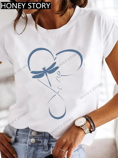 Dragonfly Butterfly Print Base Top Loose Women's Short-sleeved T-shirt Round Neck Oversized T Shirt  Women Clothes TEE