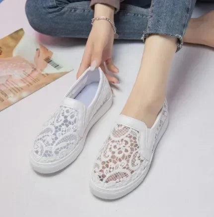 Women Shoes Summer Mesh Lace Women Casual Shoes Sneakers Breathable Hollow Flat Loafers Slip-On Height Increase Shoe2024