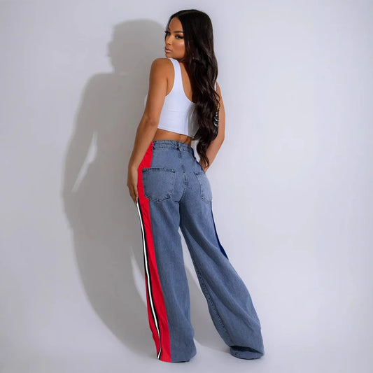 Denim Pants Women Patchwork Spliced Long Pant Mom Straight Button High Waist Casual Jeans Trousers Pocket Lady Y2k Autumn