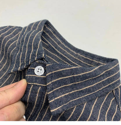 55% Linen 45% Cotton Vintage Striped Shirts for Men American Casual Retro Loose Blouses 2024 Spring Autumn Long Sleeve Male Tops